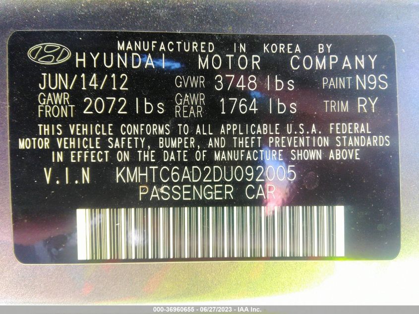 2013 HYUNDAI VELOSTER W/BLACK INT - KMHTC6AD2DU092005