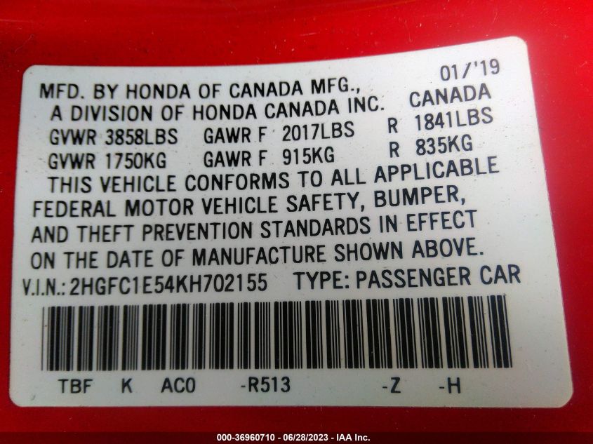 2019 HONDA CIVIC SI SEDAN 2HGFC1E54KH702155