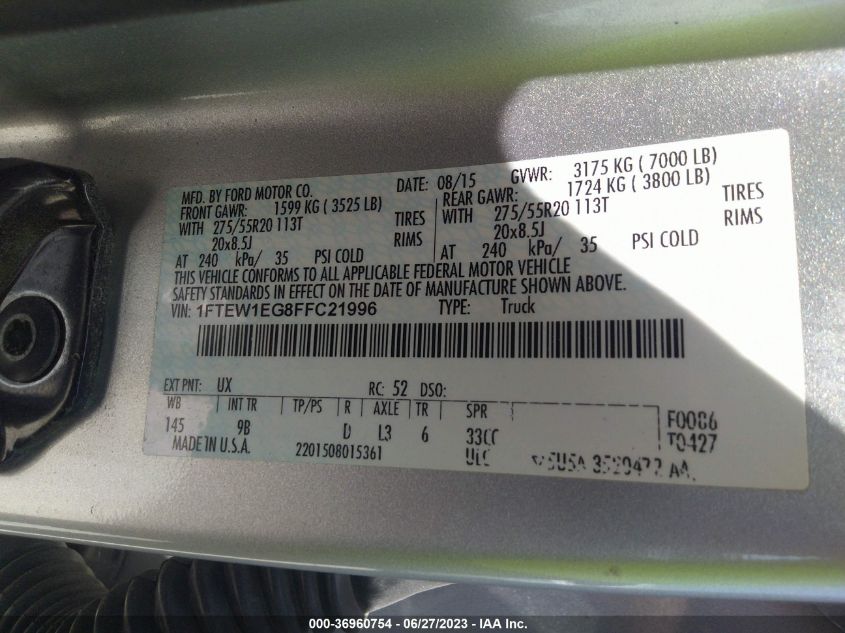 2015 FORD F-150 XLT/XL/LARIAT/PLATINUM - 1FTEW1EG8FFC21996