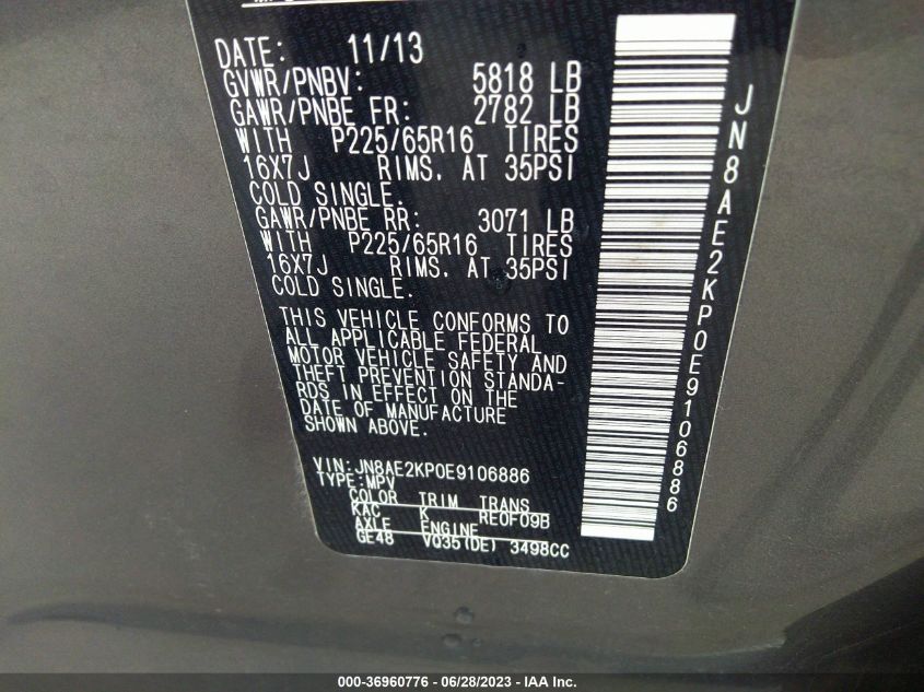 2014 NISSAN QUEST S/SV/SL/LE - JN8AE2KP0E9106886