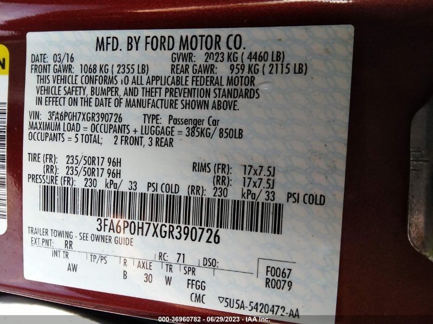 2016 FORD FUSION SE - 3FA6P0H7XGR390726