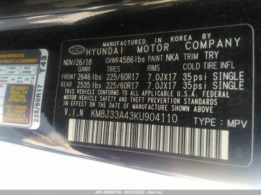 2019 HYUNDAI TUCSON VALUE - KM8J33A43KU904110