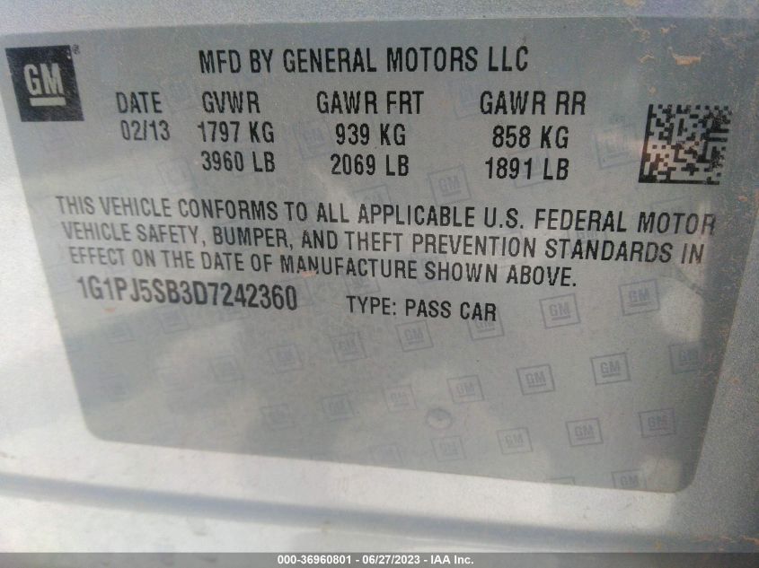 2013 CHEVROLET CRUZE ECO - 1G1PJ5SB3D7242360