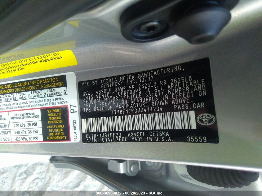 2017 TOYOTA CAMRY LE/XLE/SE/XSE - 4T1BF1FK3HU414234