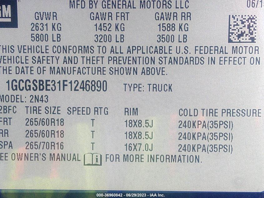 2015 CHEVROLET COLORADO 2WD LT - 1GCGSBE31F1246890