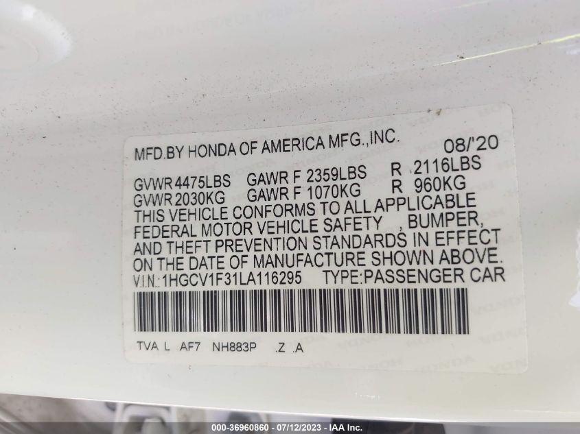 2020 HONDA ACCORD SEDAN SPORT - 1HGCV1F31LA116295