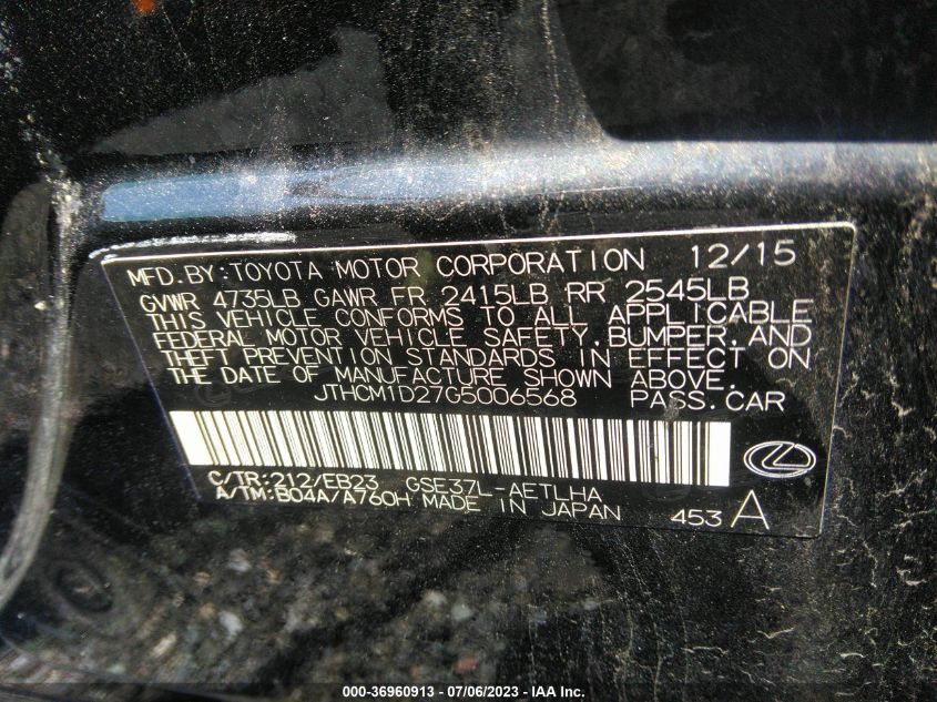2016 LEXUS IS 300 - JTHCM1D27G5006568