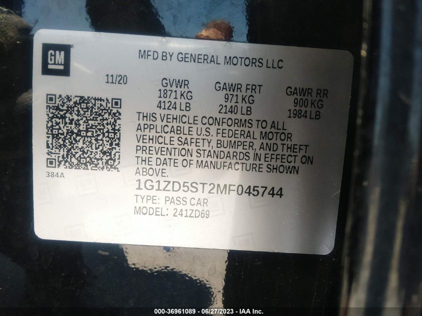 2021 CHEVROLET MALIBU LT - 1G1ZD5ST2MF045744
