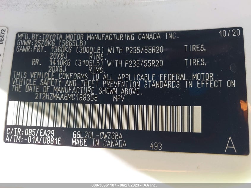 VIN 2T2HZMAA6MC188358 2021 LEXUS RX RX 350