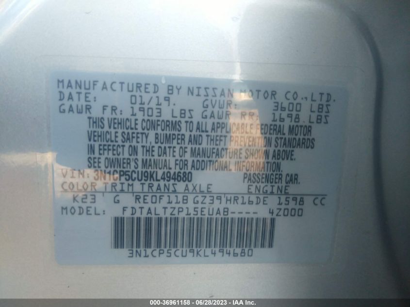 2019 NISSAN KICKS S/SR/SV - 3N1CP5CU9KL494680
