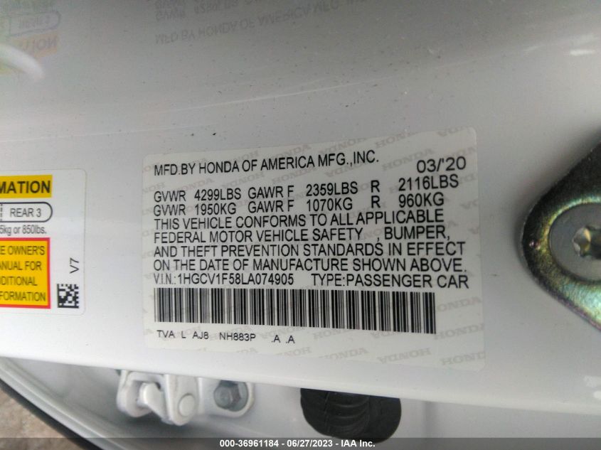 2020 HONDA ACCORD SEDAN EX-L - 1HGCV1F58LA074905