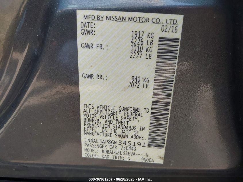 2016 NISSAN ALTIMA 2.5 S - 1N4AL3AP8GN345191