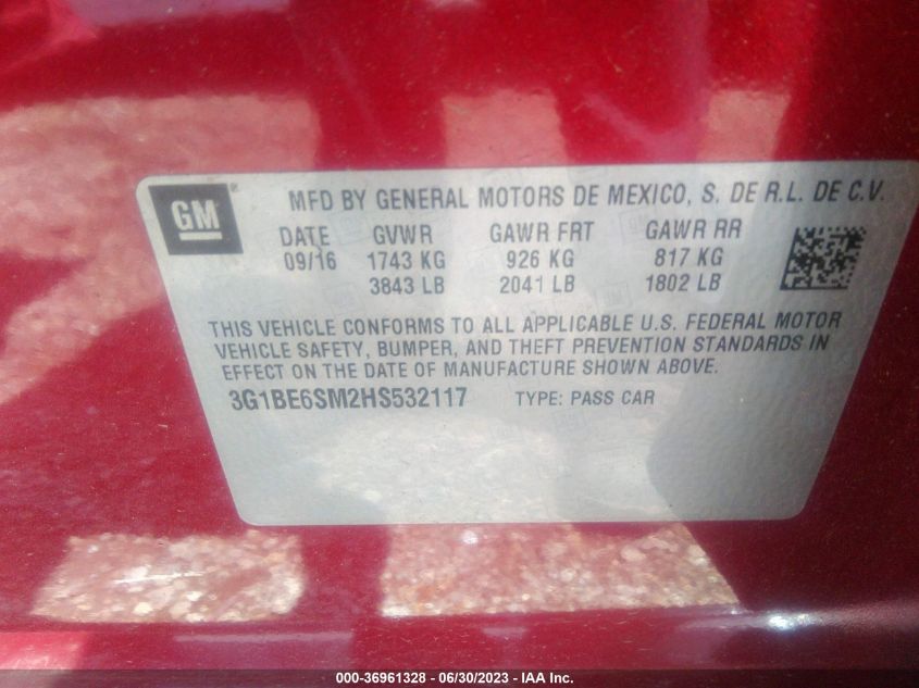2017 CHEVROLET CRUZE LT - 3G1BE6SM2HS532117