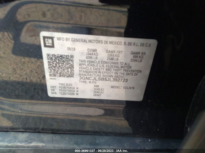 2018 CHEVROLET TRAX LT - 3GNCJLSB5JL392723