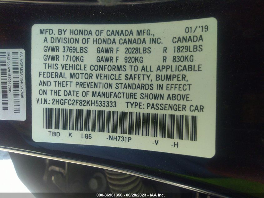 2019 HONDA CIVIC SEDAN SPORT - 2HGFC2F82KH533333