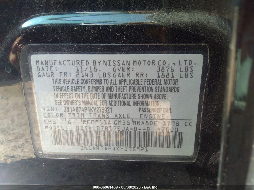 2019 NISSAN SENTRA S - 3N1AB7AP4KY275921