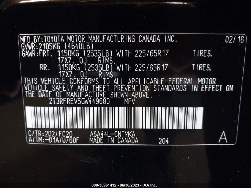 2016 TOYOTA RAV4 XLE - 2T3RFREV5GW449680