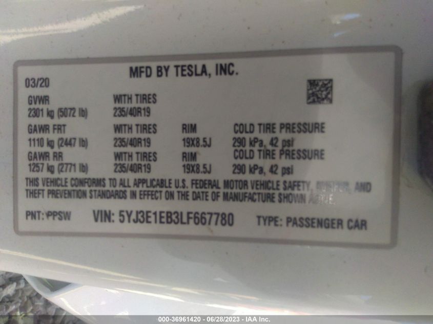 2020 TESLA MODEL 3 - 5YJ3E1EB3LF667780