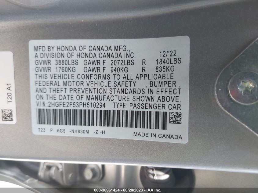 2023 HONDA CIVIC SEDAN SPORT - 2HGFE2F53PH510294