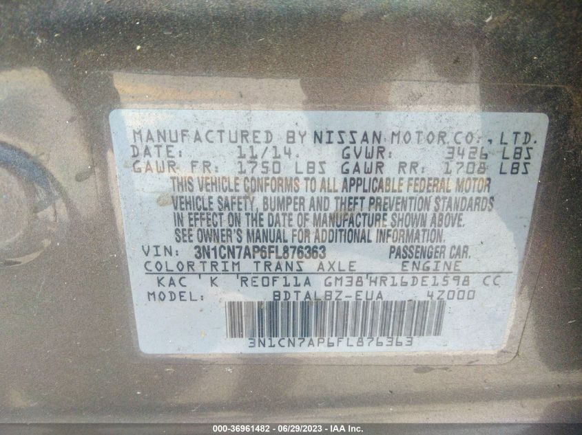 2015 NISSAN VERSA SV - 3N1CN7AP6FL876363