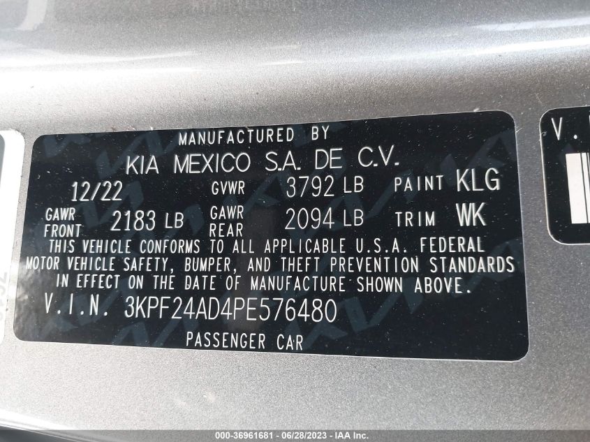 2023 KIA FORTE LXS - 3KPF24AD4PE576480