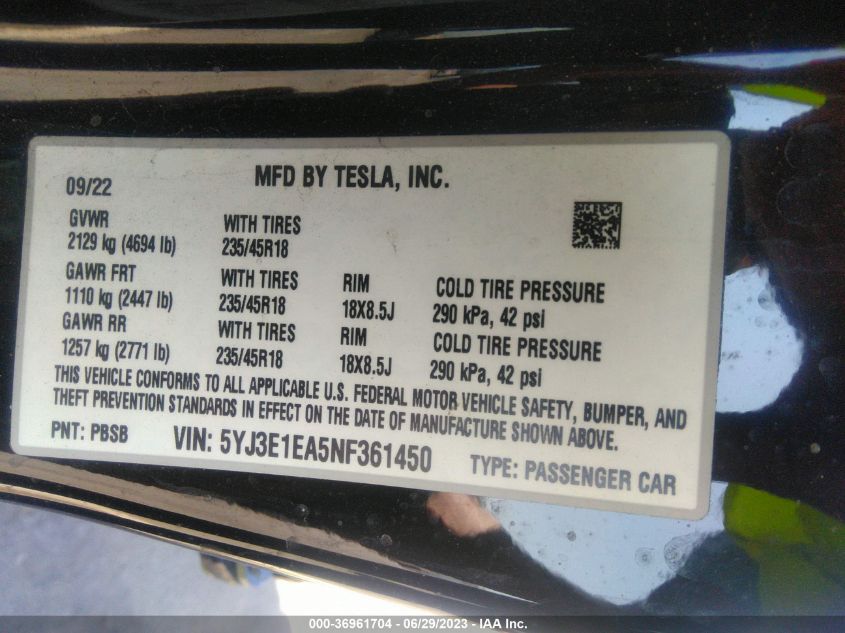2022 TESLA MODEL 3 - 5YJ3E1EA5NF361450