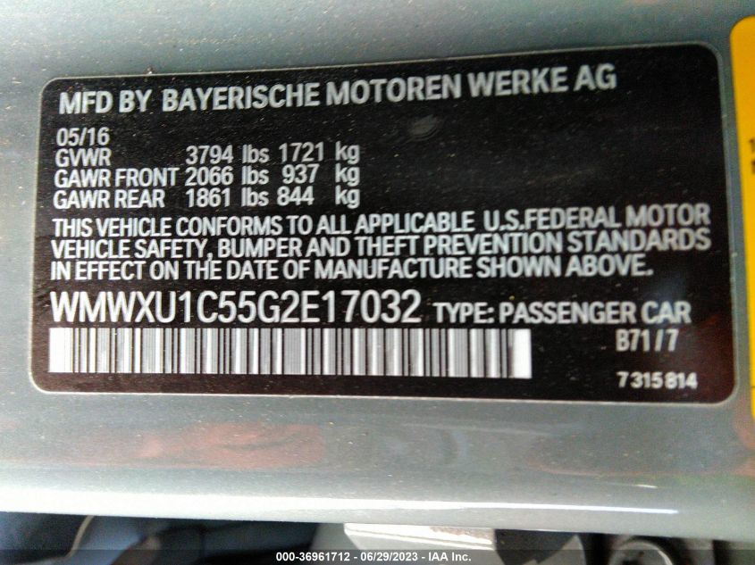 2016 MINI COOPER HARDTOP 4 DOOR WMWXU1C55G2E17032