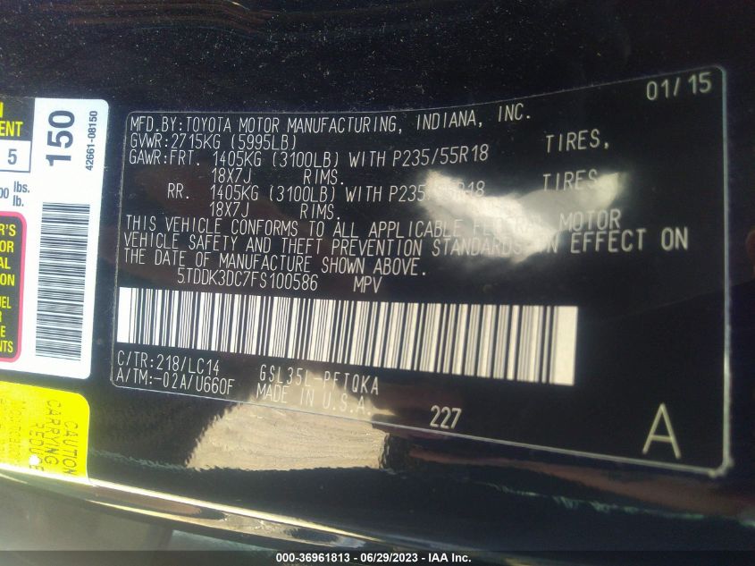 2015 TOYOTA SIENNA LTD/XLE/XLE PREMIUM - 5TDDK3DC7FS100586