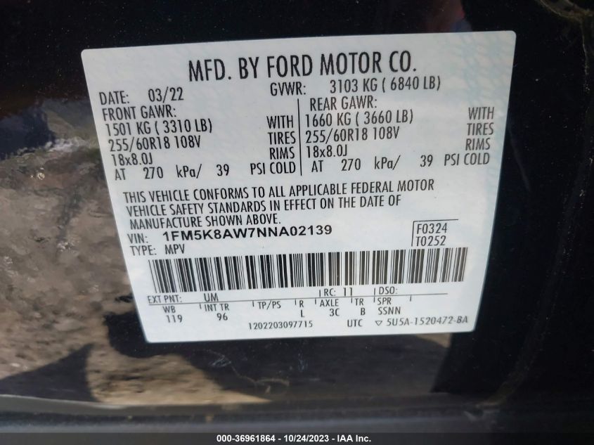 2022 FORD POLICE INTERCEPTOR UTILITY 1FM5K8AW7NNA02139