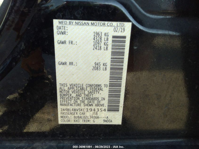 2019 NISSAN ALTIMA 2.5 S - 1N4BL4BV5KC194354