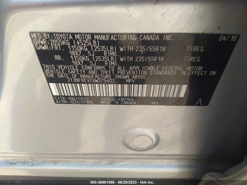 2016 TOYOTA RAV4 SE - 2T3NFREV7GW275402