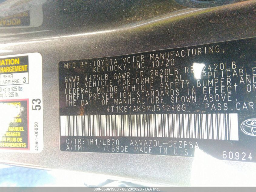 2021 TOYOTA CAMRY XSE - 4T1K61AK9MU512489