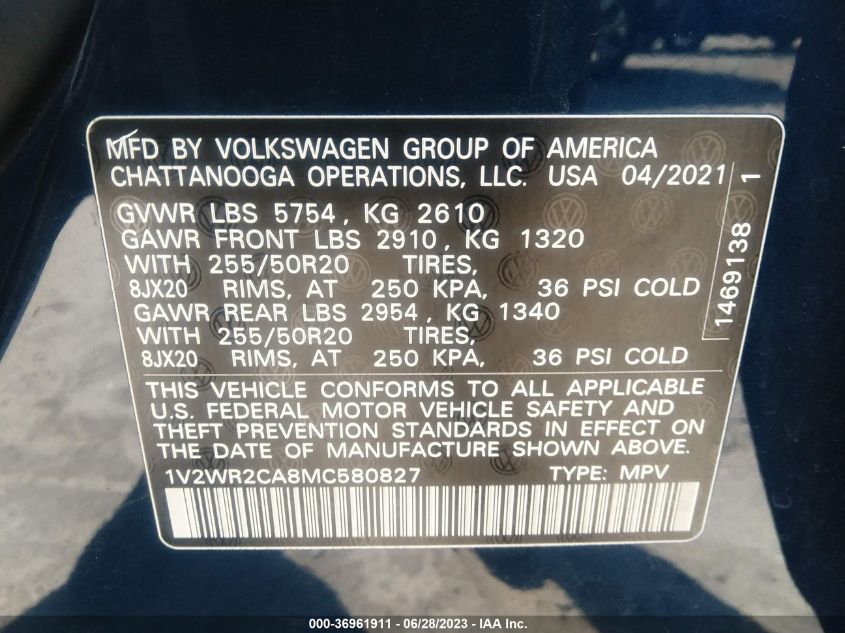 2021 VOLKSWAGEN ATLAS 3.6L V6 SE W/TECHNOLOGY - 1V2WR2CA8MC580827