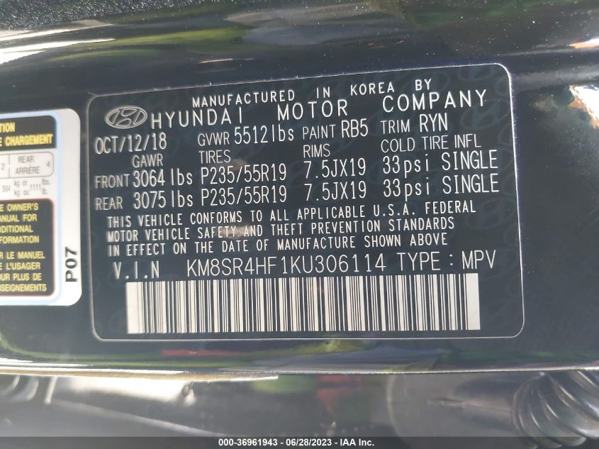 2019 HYUNDAI SANTA FE XL LIMITED ULTIMATE - KM8SR4HF1KU306114