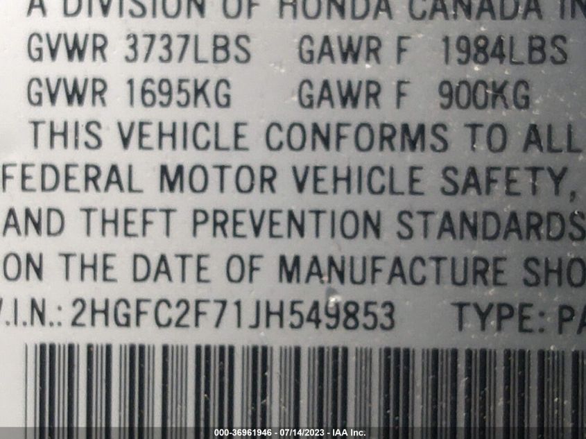 2018 HONDA CIVIC SEDAN EX - 2HGFC2F71JH549853