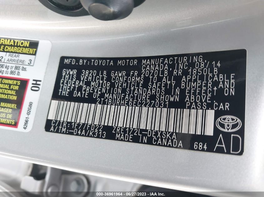 2014 TOYOTA COROLLA L/LE/S/S PLUS/LE PLUS - 2T1BURHE6EC227031