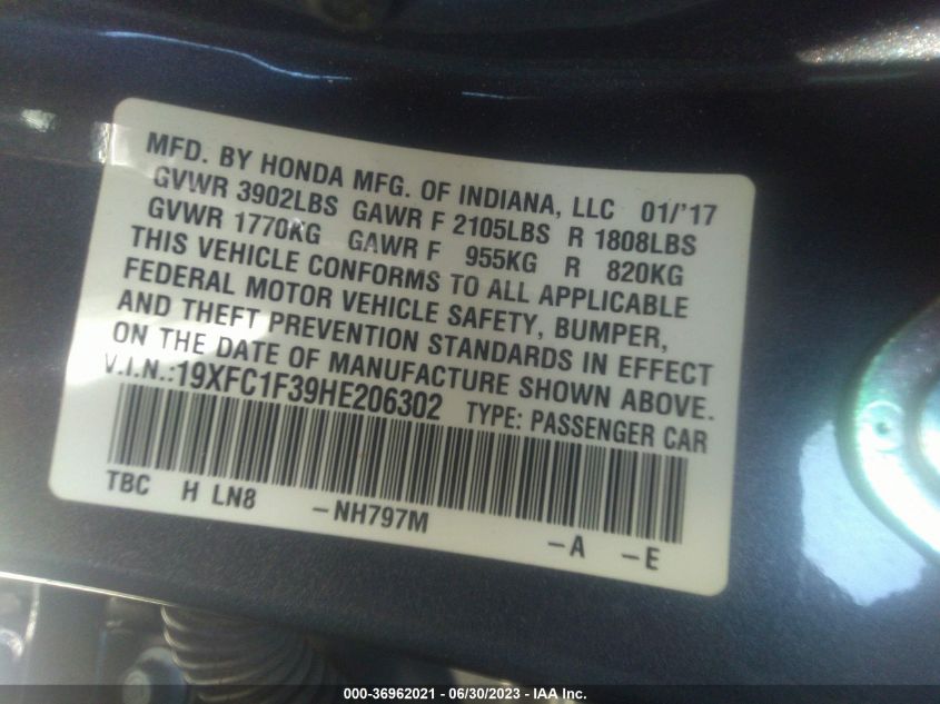 2017 HONDA CIVIC SEDAN EX-T - 19XFC1F39HE206302