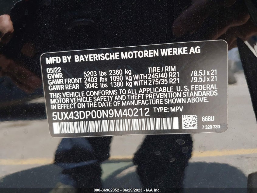 VIN 5UX43DP00N9M40212 2022 BMW X3 SDRIVE30I