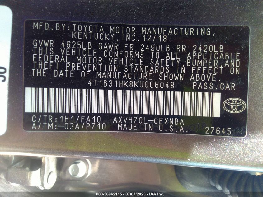 2019 TOYOTA CAMRY HYBRID - 4T1B31HK8KU006048