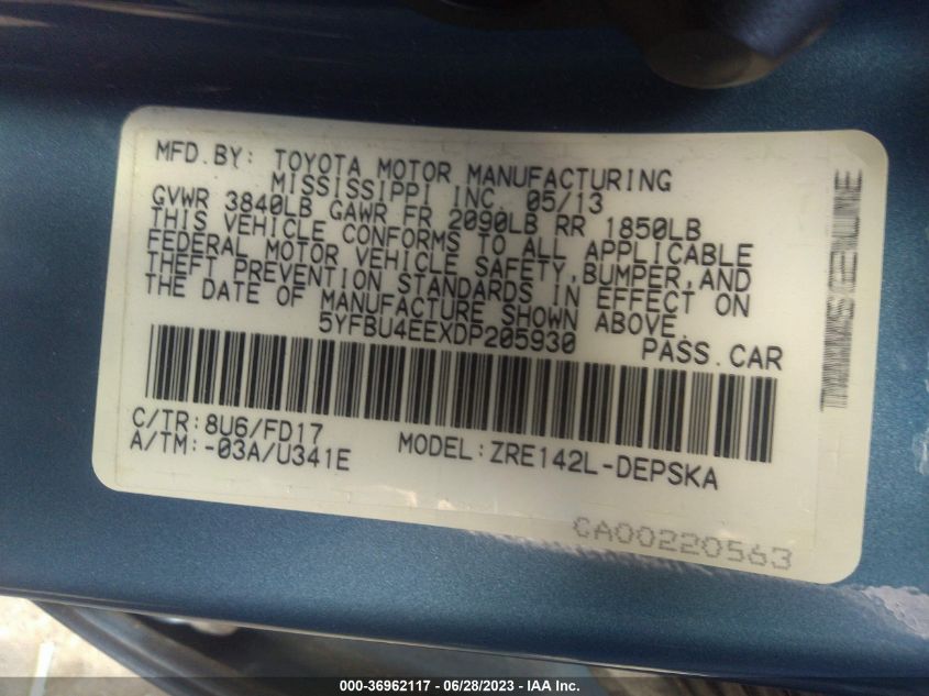 2013 TOYOTA COROLLA L/LE/S - 5YFBU4EEXDP205930