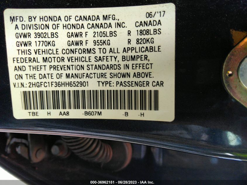 2017 HONDA CIVIC SEDAN EX-T - 2HGFC1F36HH652901