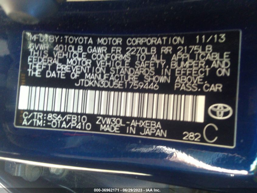 2014 TOYOTA PRIUS FOUR/FIVE/THREE/ONE/TWO - JTDKN3DU5E1759446