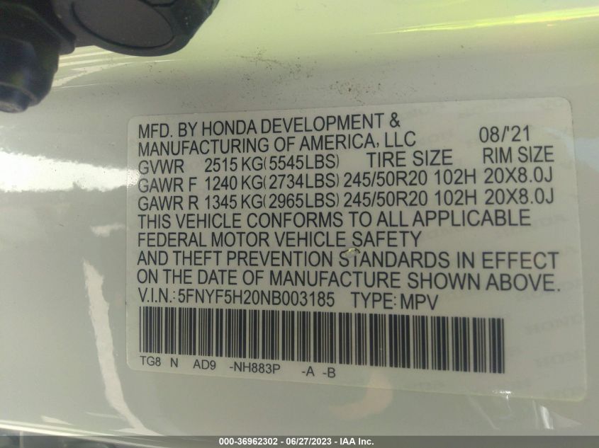2022 HONDA PILOT SPECIAL EDITION - 5FNYF5H20NB003185