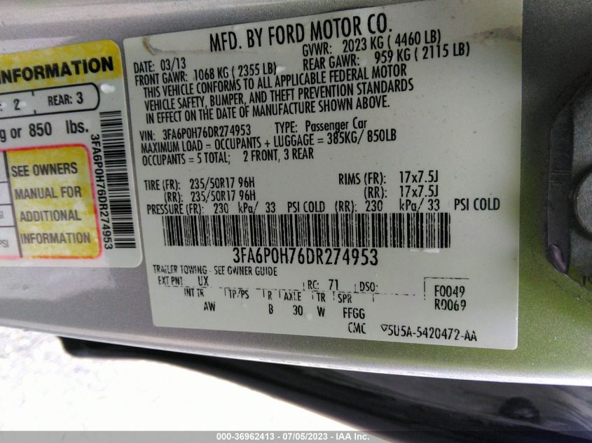 2013 FORD FUSION SE - 3FA6P0H76DR274953