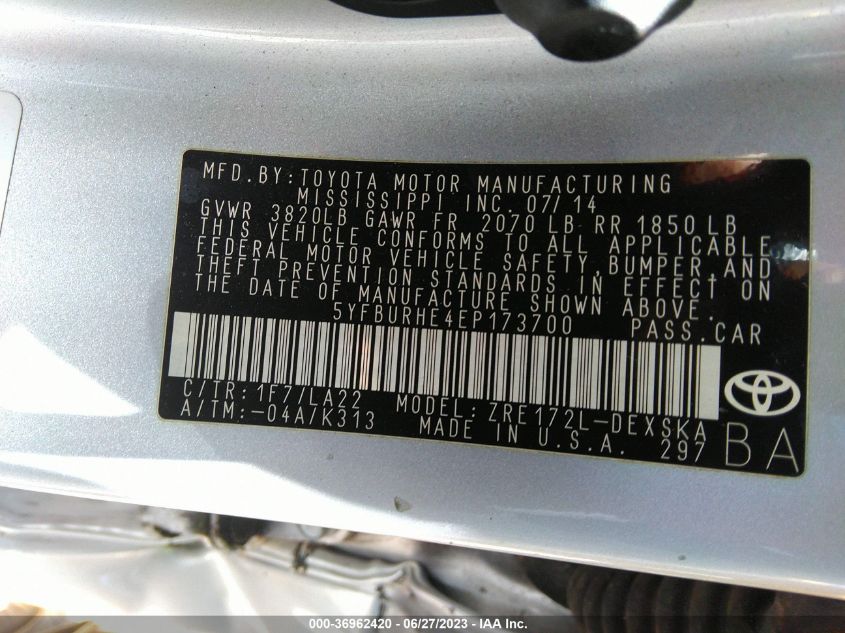 2014 TOYOTA COROLLA L/LE/S/S PLUS/LE PLUS - 5YFBURHE4EP173700