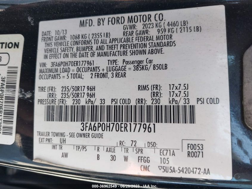 2014 FORD FUSION SE - 3FA6P0H70ER177961