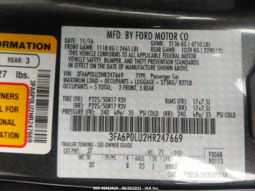 2017 FORD FUSION HYBRID SE - 3FA6P0LU2HR247669