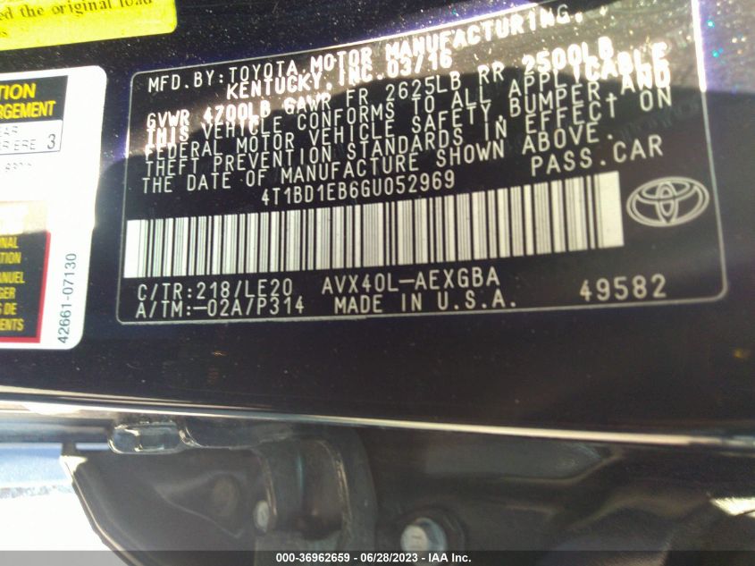 2016 TOYOTA AVALON HYBRID XLE PREMIUM/LIMITED 4T1BD1EB6GU052969