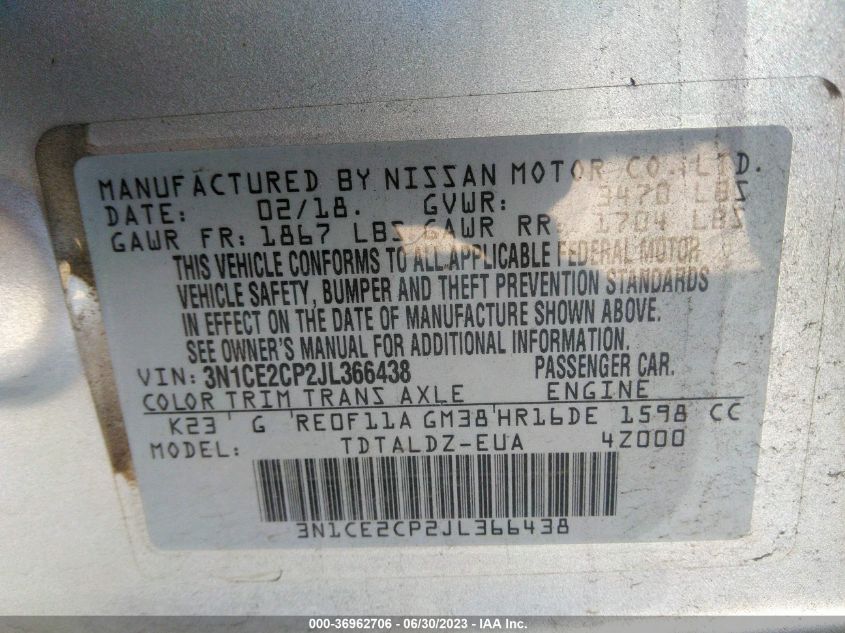 2018 NISSAN VERSA NOTE SV - 3N1CE2CP2JL366438