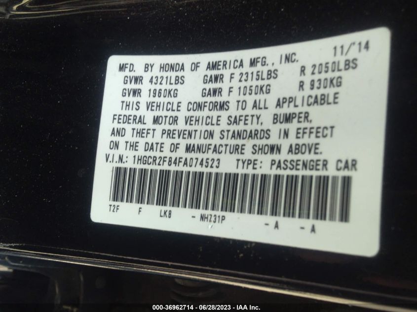 2015 HONDA ACCORD SEDAN EX-L - 1HGCR2F84FA074523